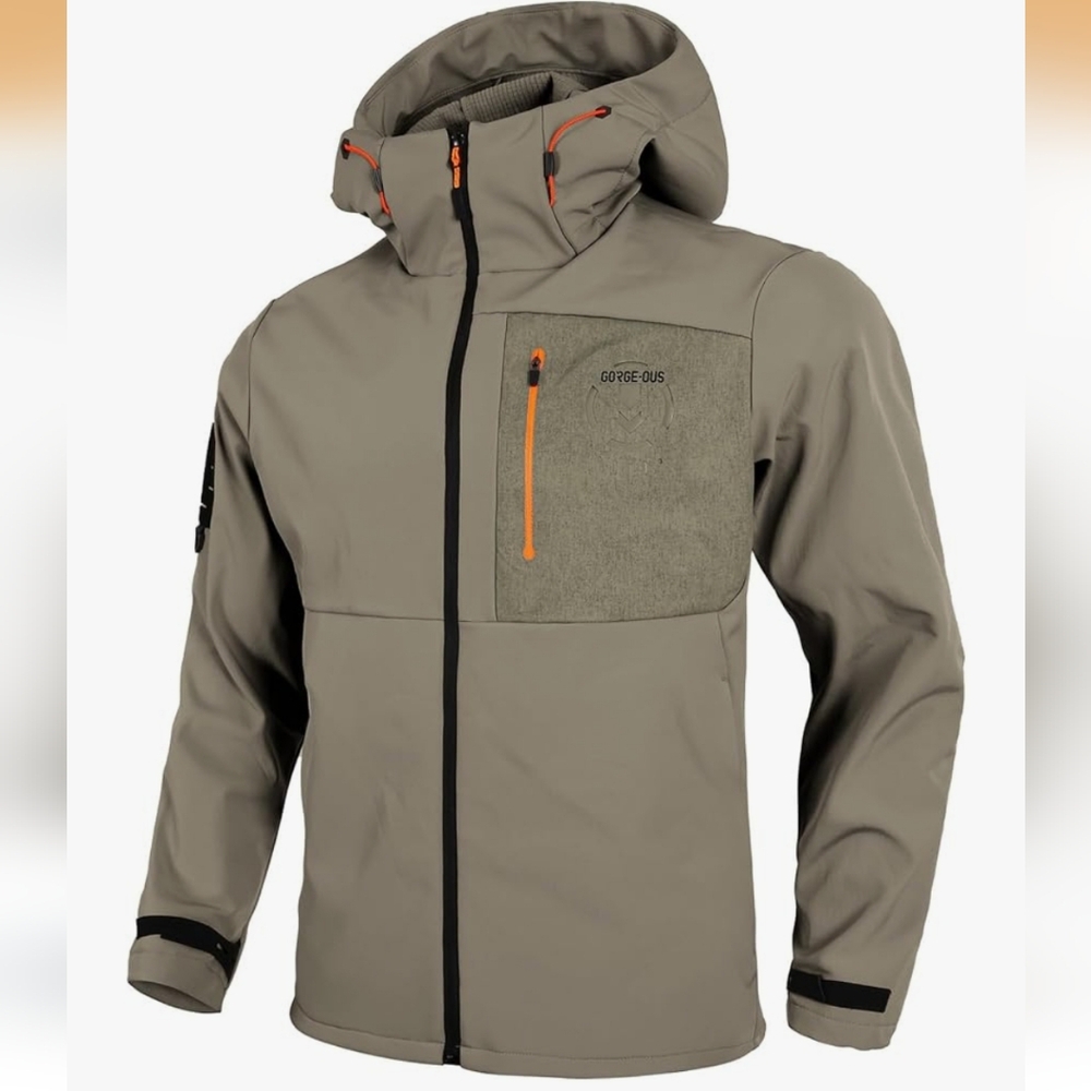 Men's Hooded Softshell Waterproof Jacket in Khaki Size SMALL NWT
